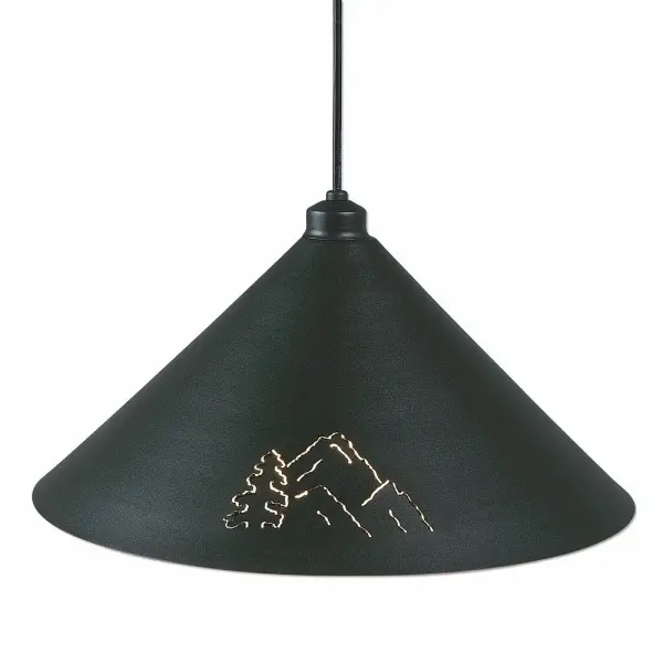 Cabin style Hanging Pendant Lights handmade in USA by Avalanche Ranch Lighting. This light features our exclusive metal wildlife art of a Trees. This Pendant Light is ideal for anyone looking to add rustic character or unique log home lighting to their home. Dimensions (inches): 9h x 17w and Takes 1 - Type A19 bulb - 100W max. each Collection: Canyon Black Iron Finish: Black Iron Width: 17.00" Height: 9.00" Number of Bulbs: 1 Maximum Wattage: 100.00 W Bulb Type: A19 Bulb Base: Medium