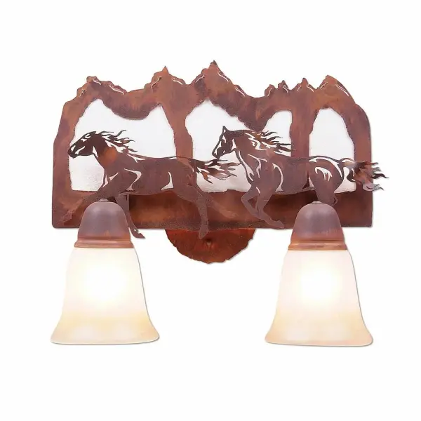 Western style Bath Vanity Lights handmade in USA by Avalanche Ranch Lighting. This light features our exclusive metal wildlife art of a Horse. This Bath 2 Light is ideal for anyone looking to add rustic character or unique log home lighting to their home. Dimensions (inches): 12h x 16w and Takes 2 - Type A19 bulb - 100Weach Collection: Crestline-Horse-Mtn Finish: Rust Patina Glass: Two-Toned Amber Cream Glass Width: 15.00" Height: 11.00" Extension from Wall: 8.00" Number of Bulbs: 2 Maximum Wattage: 100.00 W Bulb Type: A15 Bulb Base: Medium