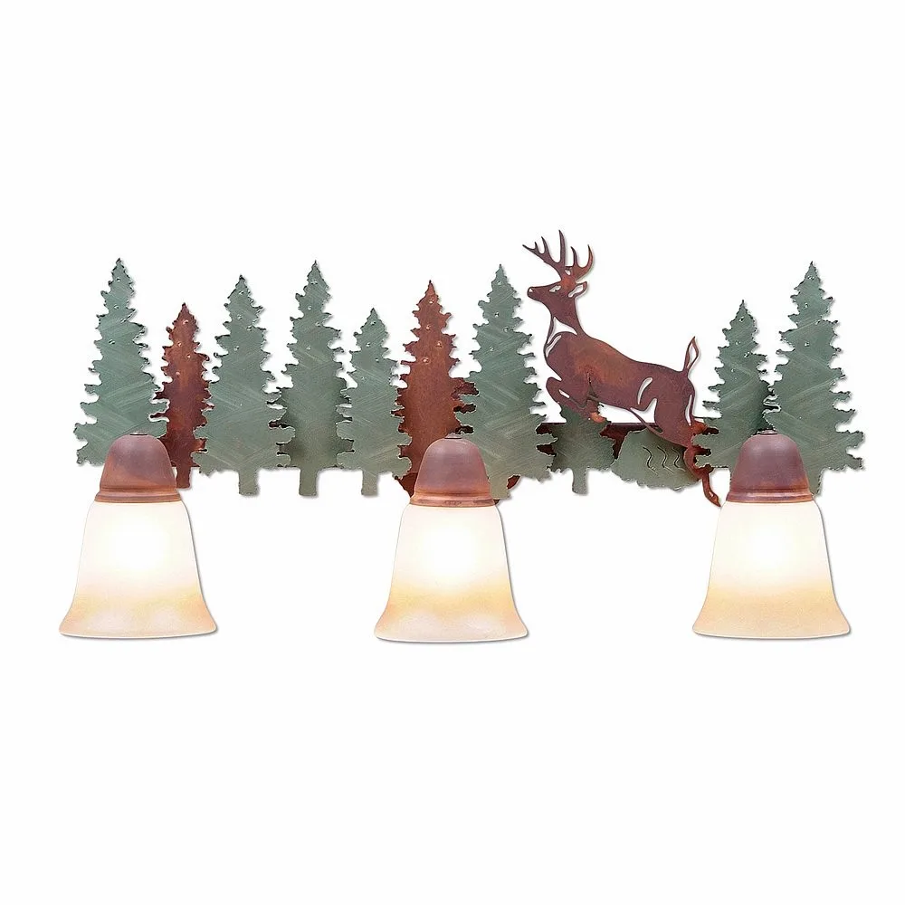 Crestline-Deer Three Light Bath Vanity Light in Pine Tree Green-Rust Patina
