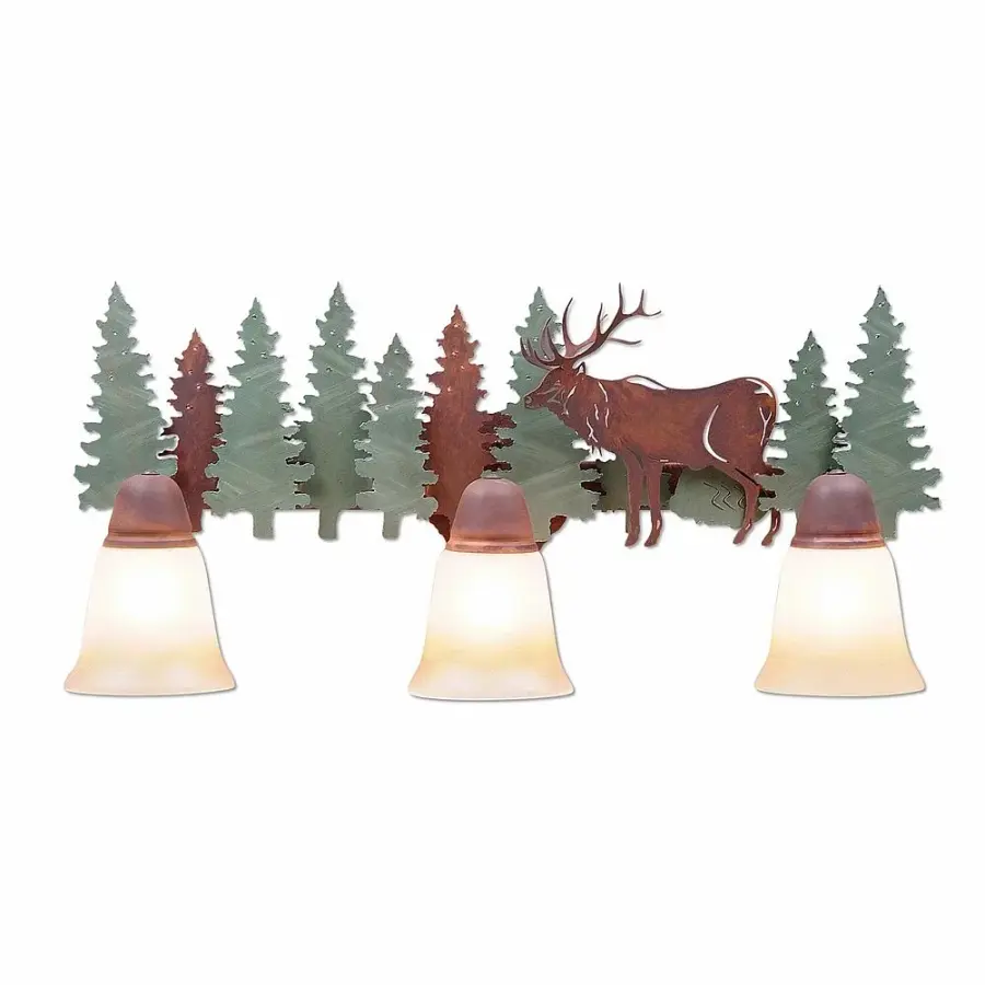 Crestline Elk Three Light Bath Vanity Light in Pine Tree Green with Rust Patina