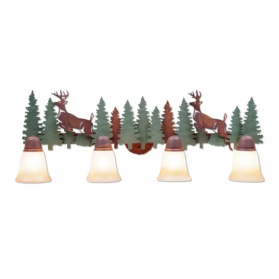 Crestline Deer Four Light Bath Vanity Light in Pine Tree Green with Rust Patina