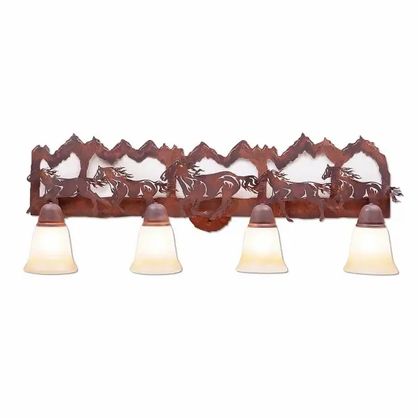 Western style Bath Vanity Lights handmade in USA by Avalanche Ranch Lighting. This light features our exclusive metal wildlife art of a Horse. This Bath 4 Light is ideal for anyone looking to add rustic character or unique log home lighting to their home. Dimensions (inches): 11h x 38w and Takes 2 - Type A19 bulb - 100Weach Collection: Crestline-Horse-Mtn Finish: Rust Patina Glass: Two-Toned Amber Cream Glass Width: 36.00" Height: 11.00" Extension from Wall: 8.00" Number of Bulbs: 4 Maximum Wattage: 100.00 W Bulb Type: A15 Bulb Base: Medium