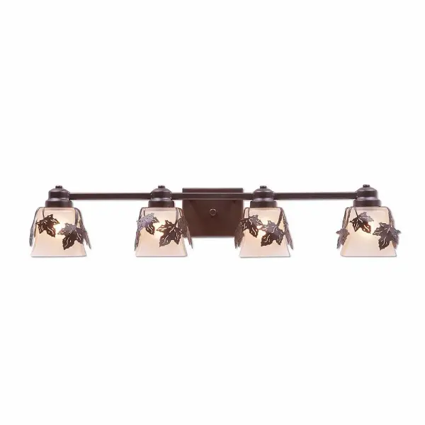 Lodge style Bath Vanity Lights handmade in USA by Avalanche Ranch Lighting. This light features our exclusive metal wildlife art of a Maple Leaf. This Bath 4 Light is ideal for anyone looking to add rustic character or unique log home lighting to their home. Dimensions (inches): 6h x 31w and Takes 4 - Type A19 bulbs - 100W max. each Collection: Woodland Finish: Dark Bronze Metallic Glass: Tes Stain Glass Height: 6.00" Extension from Wall: 6.00" Number of Bulbs: 4 Maximum Wattage: 100.00 W Bulb Type: A19 Bulb Base: Medium