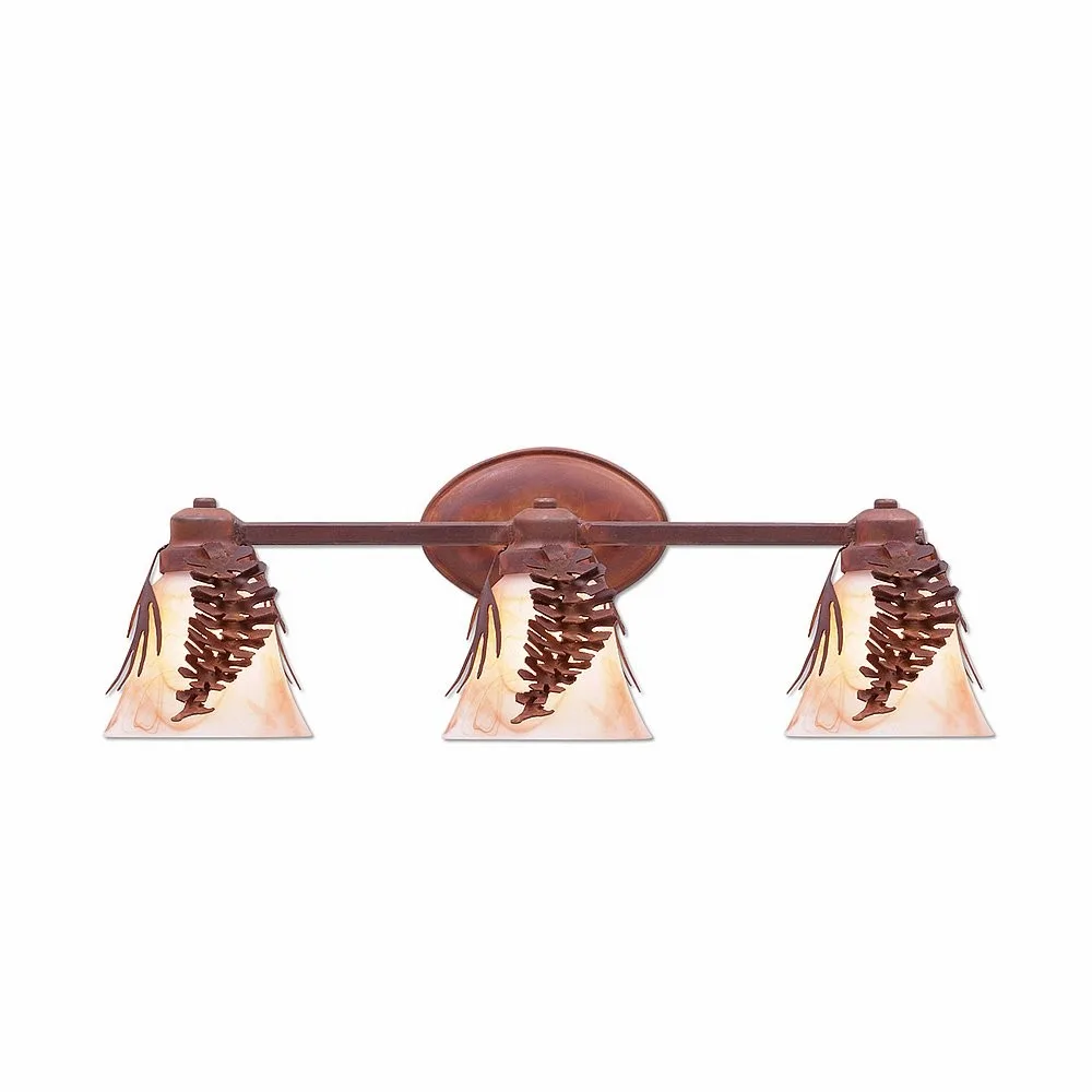 Sienna-Spruce-Cone Three Light Bath Vanity Light in Pine Tree Green-Rust Patina