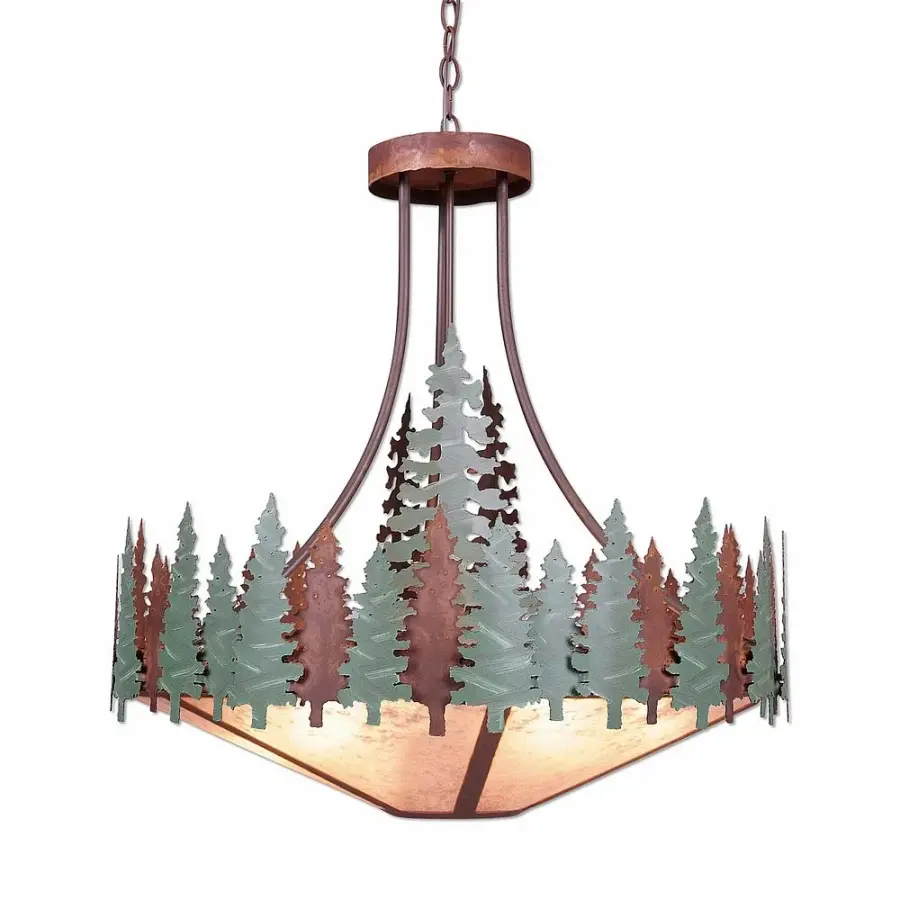 Crestline Pine Tree Seven Light Chandelier in Pine Green/Rust Patina