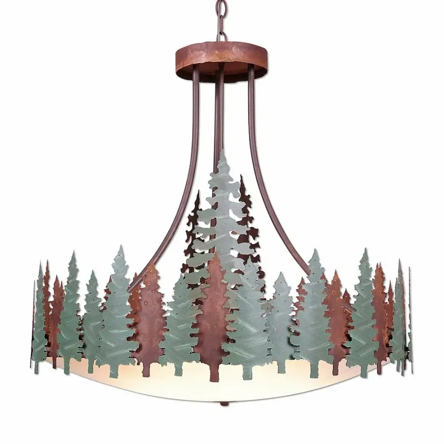 Crestline Pine Tree Seven Light Chandelier in Pine Green/Rust Patina