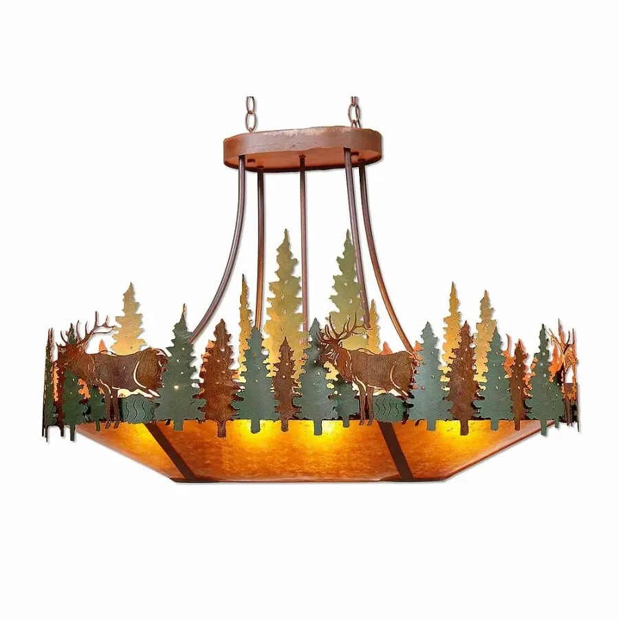 Crestline-Elk Ten Light Oval Chandelier in Pine Tree Green with Rust Patina