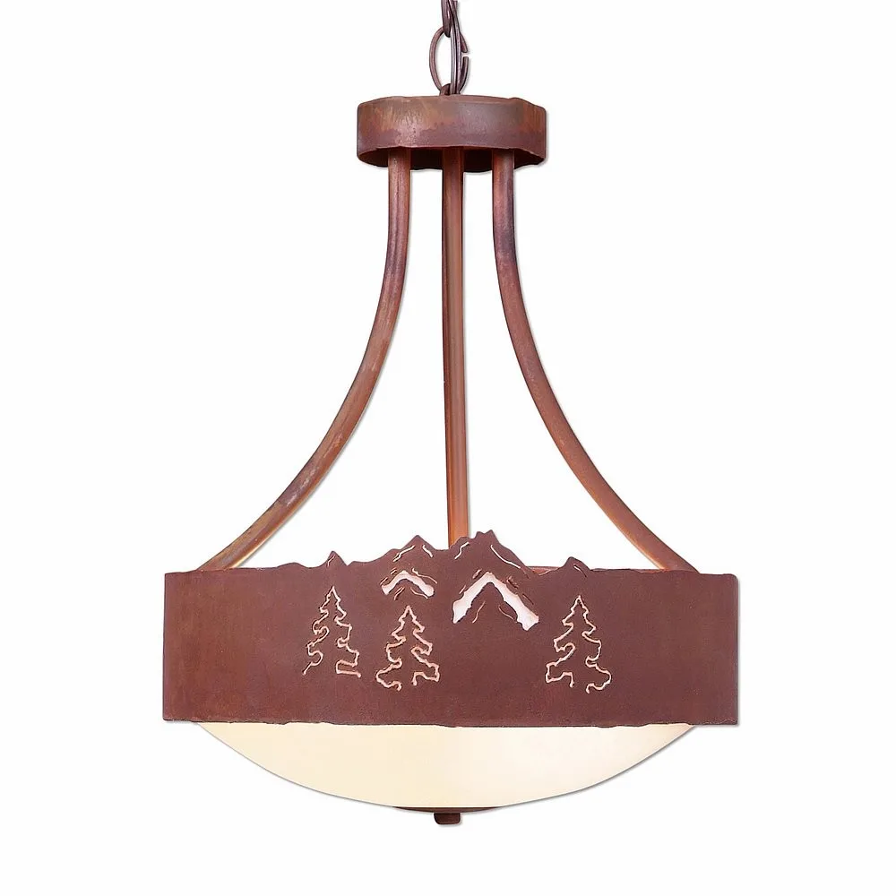 Ridgemont-Mountain-Pine Cutout Three Light Chandelier in Rust Patina