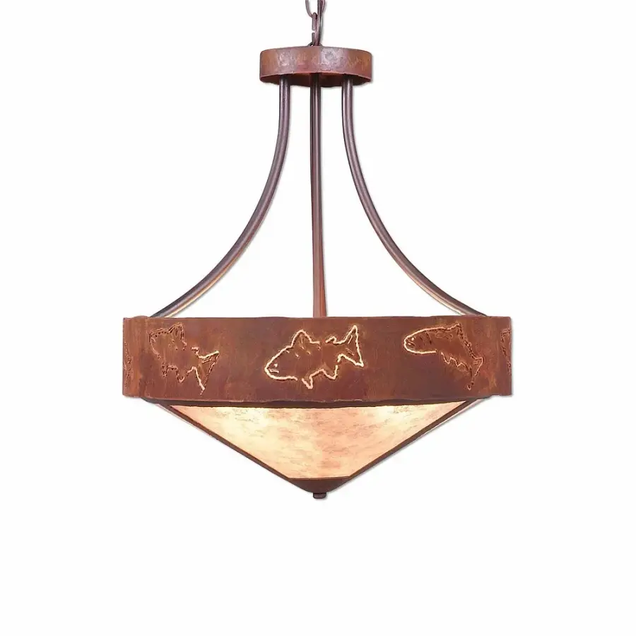 Ridgemont Fish Cutout Three Light Chandelier in Rust Patina