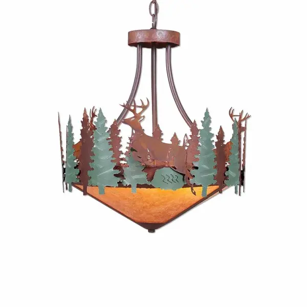 Crestline-Deer Three Light Chandelier in Pine Green/Rust Patina