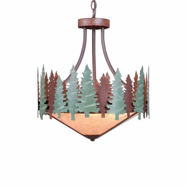 Crestline Pine Tree Three Light Chandelier in Pine Green/Rust Patina