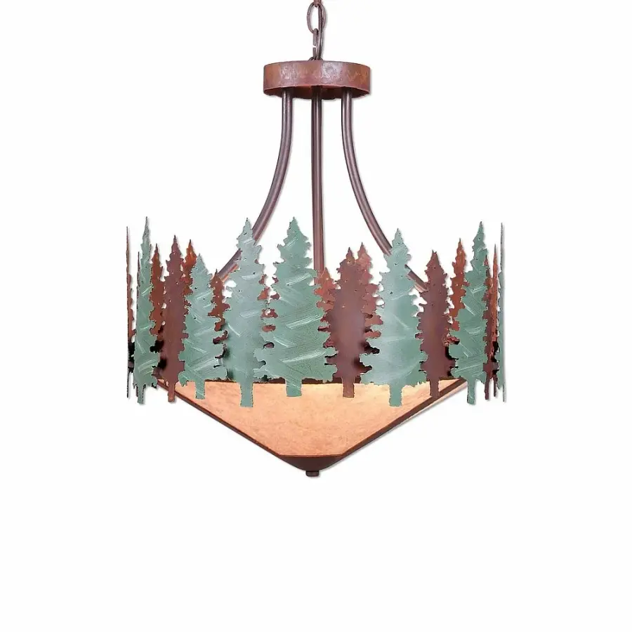 Crestline Pine Tree Three Light Chandelier in Pine Green/Rust Patina