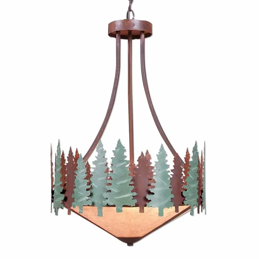 Crestline Pine Tree Three Light Chandelier in Pine Green with Rust Patina