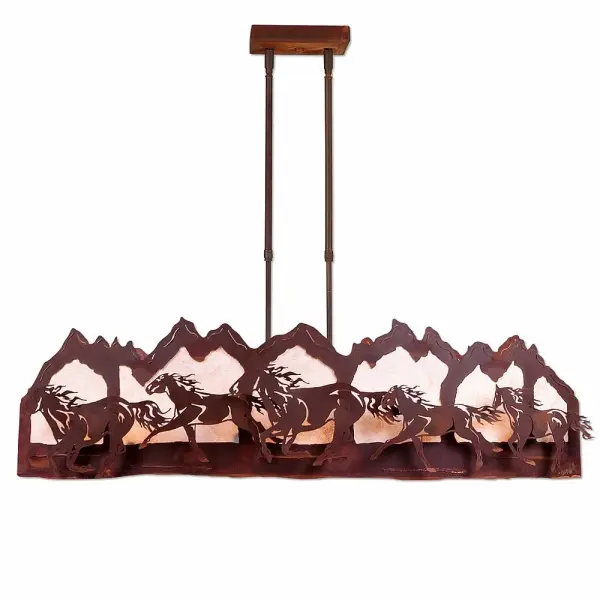 Equestrian style Island - Billiard Lights handmade in USA by Avalanche Ranch Lighting. This light features our exclusive metal wildlife art of a Horse. This Kitchen Island Light is ideal for anyone looking to add rustic character or unique log home lighting to their home. Dimensions (inches): 29h x 14w and Takes 3 - Type A19 bulbs - 100W max. each Collection: Sheridan-Horse-Mountain Finish: Rust Patina Width: 38.00" Height: 29.00" Number of Bulbs: 3 Maximum Wattage: 100.00 W Bulb Base: Medium