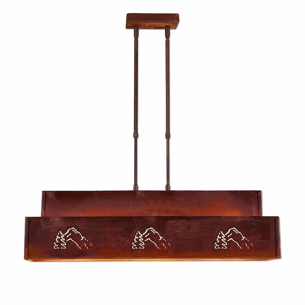 Ridgemont-Mountain-Pine Cutout Three Light Island Pendant in Rust Patina