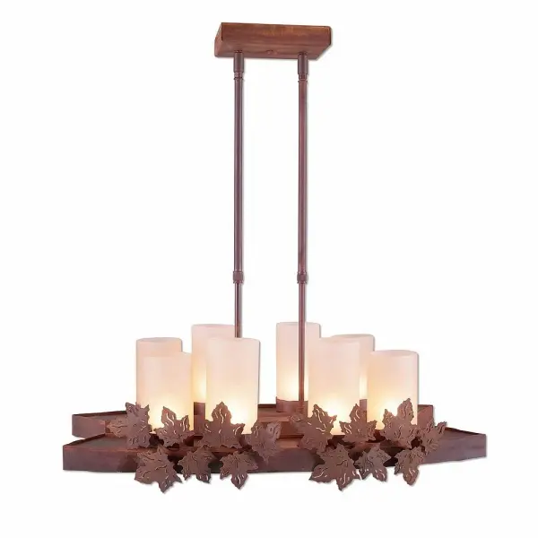Rustic style Island - Billiard Lights handmade in USA by Avalanche Ranch Lighting. This light features our exclusive metal wildlife art of a Maple Leaf. This Kitchen Island Light is ideal for anyone looking to add rustic character or unique log home lighting to their home. Dimensions (inches): 28h x 12w and Takes 8 - Type C bulbs - 60W max. each plus 6 - Type G4 (bi-pin low voltage halogen) bulbs - 20W max. each Collection: Wisley-Maple Leaf Finish: Rust Patina Glass: Tes Stain Glass Width: 14.00" Height: 20.00" Length: 25.00" Number of Bulbs: 8 Maximum Wattage: 60.00 W Bulb Type: Candelabra Bulb Base: Candelbra