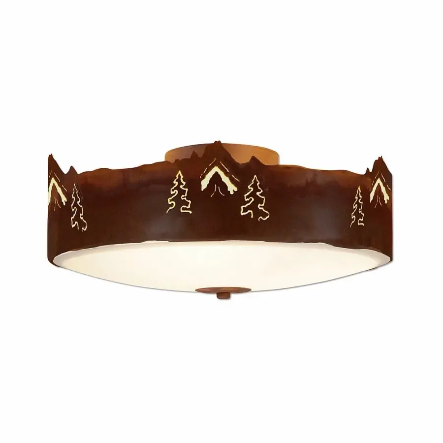 Ridgemont Mountain Pine Cutout Three Light Semi-Flush Mount in Rust Patina