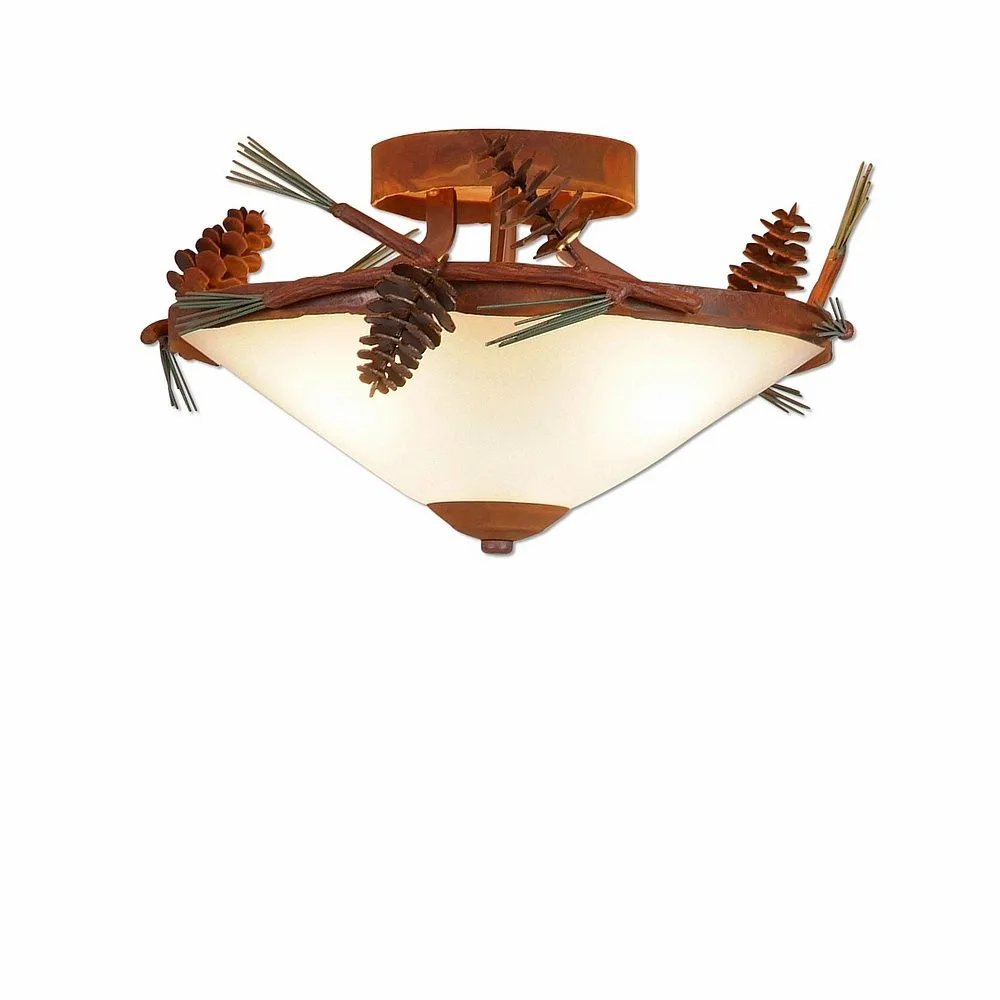 Wisley-Pine Cone Three Light Semi Flush Mount in Pine Green/Rust Patina