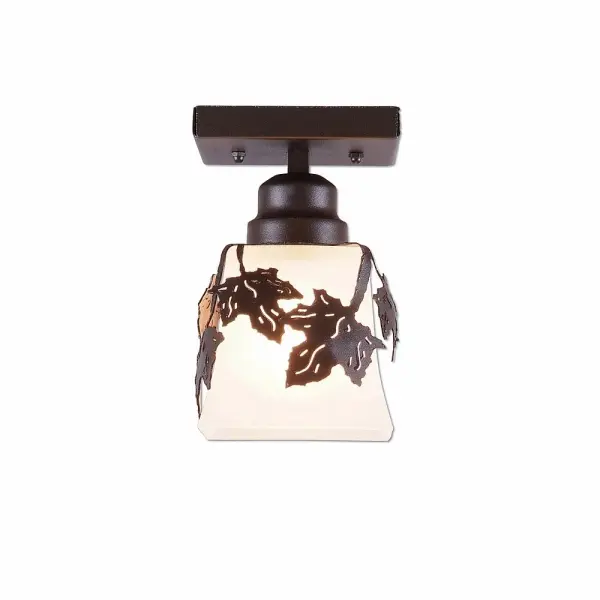 Mountain Cabin style Close-to-Ceiling Lights handmade in USA by Avalanche Ranch Lighting. This light features our exclusive metal wildlife art of a Maple Leaf. This Ceiling Light is ideal for anyone looking to add rustic character or unique log home lighting to their home. Dimensions (inches): 6h x 5w and Takes 1 - Type A19 bulb - 100W max. Collection: Woodland-Maple Leaf Finish: Dark Bronze Metallic Glass: Frost White Glass Width: 5.00" Height: 6.00" Length: 5.00" Number of Bulbs: 1 Maximum Wattage: 100.00 W Bulb Type: A19 Bulb Base: Medium