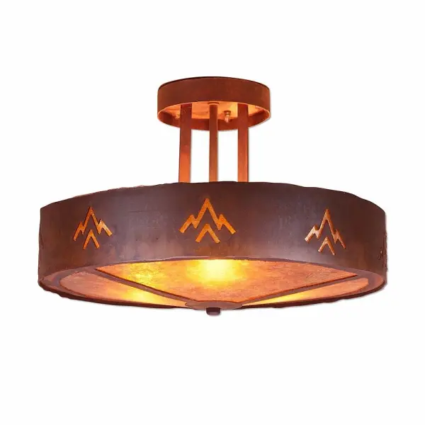 Rustic style Semi-Flush Ceiling Lights handmade in USA by Avalanche Ranch Lighting. This light features our exclusive metal wildlife art of a Deception Pass Art. This Semi-Flush Light is ideal for anyone looking to add rustic character or unique log home lighting to their home. Dimensions (inches): 10h x 15w and Takes 3 - Type A19 bulbs - 60W max. each (mica) or 100W max. each (glass) Collection: Crestline-Deception Pass Finish: Rust Patina Glass: Amber Mica Width: 15.00" Height: 10.00" Number of Bulbs: 3 Maximum Wattage: 60.00 W Bulb Type: A19 Bulb Base: Medium