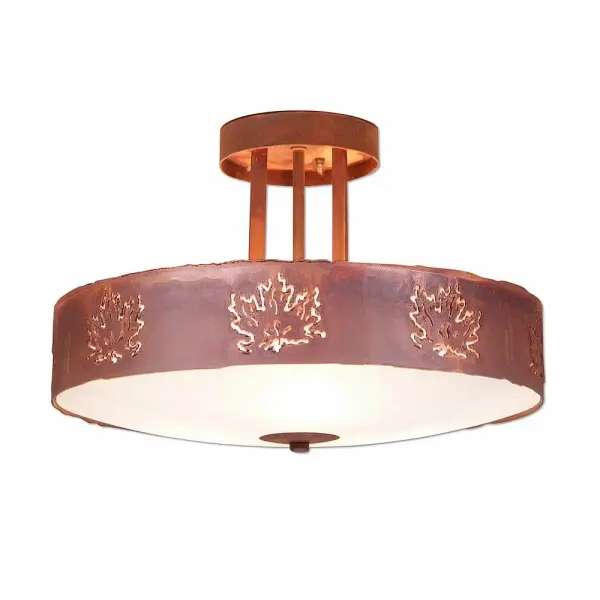 Farmhouse style Semi-Flush Ceiling Lights handmade in USA by Avalanche Ranch Lighting. This light features our exclusive metal wildlife art of a Maple Leaf. This Semi-Flush Light is ideal for anyone looking to add rustic character or unique log home lighting to their home. Dimensions (inches): 10h x 15w and Takes 3 - Type A19 bulbs - 60W max. each (mica) or 100W max. each (glass) Collection: Crestline-Maple Cutout Finish: Rust Patina Glass: Frost White Glass Width: 15.00" Height: 10.00" Number of Bulbs: 3 Maximum Wattage: 100.00 W Bulb Type: A19 Bulb Base: Medium