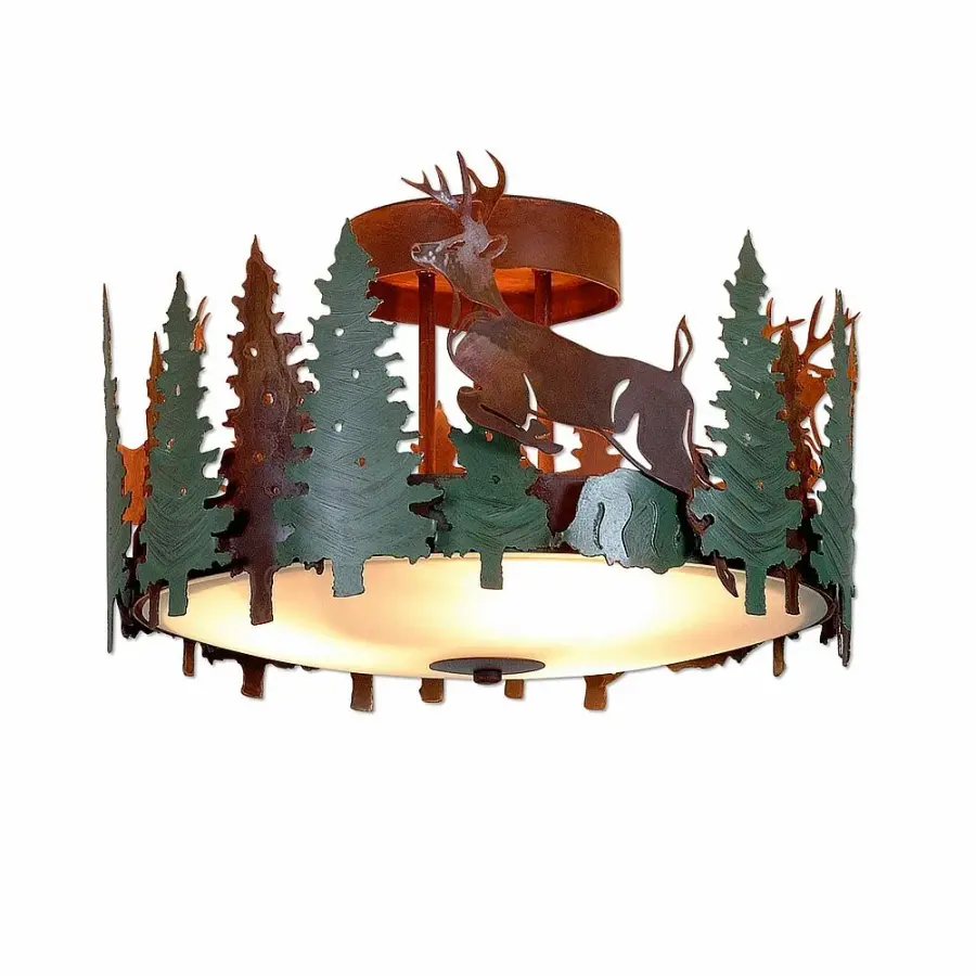 Crestline Deer Three Light Semi-Flush Mount in Pine Green with Rust Patina
