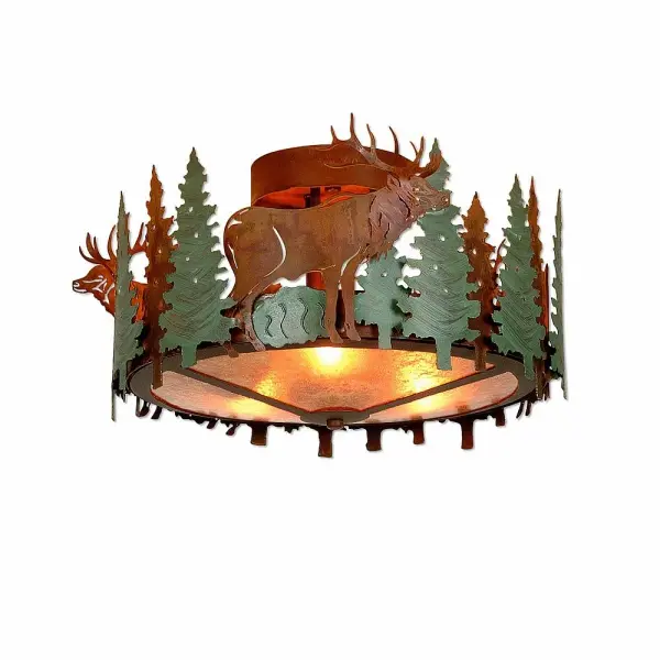 Crestline Elk Three Light Semi-Flush Mount in Pine Green with Rust Patina