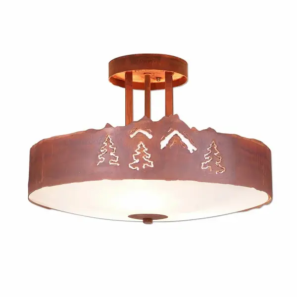 Log Cabin style Semi-Flush Ceiling Lights handmade in USA by Avalanche Ranch Lighting. This light features our exclusive metal wildlife art of a Trees. This Semi-Flush Light is ideal for anyone looking to add rustic character or unique log home lighting to their home. Dimensions (inches): 10h x 15w and Takes 3 - Type A19 bulbs - 60W max. each (mica) or 100W max. each (glass) Collection: Crestline-Mtn-Pine Cutout Finish: Rust Patina Glass: Frost White Glass Width: 15.00" Height: 10.00" Number of Bulbs: 3 Maximum Wattage: 100.00 W Bulb Type: A19 Bulb Base: Medium