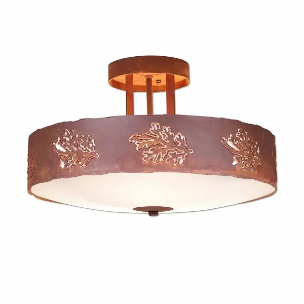 Mountain Cabin style Semi-Flush Ceiling Lights handmade in USA by Avalanche Ranch Lighting. This light features our exclusive metal wildlife art of a Trees. This Semi-Flush Light is ideal for anyone looking to add rustic character or unique log home lighting to their home. Dimensions (inches): 10h x 15w and Takes 3 - Type A19 bulbs - 60W max. each (mica) or 100W max. each (glass) Collection: Crestline-Cedar Bough Cutout Finish: Rust Patina Glass: Frost White Glass Width: 15.00" Height: 10.00" Number of Bulbs: 3 Maximum Wattage: 100.00 W Bulb Type: A19 Bulb Base: Medium