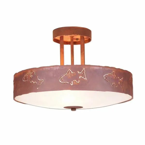 River Cabin style Semi-Flush Ceiling Lights handmade in USA by Avalanche Ranch Lighting. This light features our exclusive metal wildlife art of a Fish. This Semi-Flush Light is ideal for anyone looking to add rustic character or unique log home lighting to their home. Dimensions (inches): 10h x 15w and Takes 3 - Type A19 bulbs - 60W max. each (mica) or 100W max. each (glass) Collection: Crestline-Fish Cutout Finish: Rust Patina Glass: Frost White Glass Width: 15.00" Height: 10.00" Number of Bulbs: 3 Maximum Wattage: 100.00 W Bulb Type: A19 Bulb Base: Medium