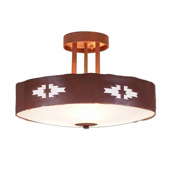 Lodge style Semi-Flush Ceiling Lights handmade in USA by Avalanche Ranch Lighting. This light features our exclusive metal wildlife art of a Pueblo Art. This Semi-Flush Light is ideal for anyone looking to add rustic character or unique log home lighting to their home. Dimensions (inches): 10h x 15w and Takes 3 - Type A19 bulbs - 60W max. each (mica) or 100W max. each (glass) Collection: Crestline-Pueblo Finish: Rust Patina Glass: Frost White Glass Width: 15.00" Height: 10.00" Number of Bulbs: 3 Maximum Wattage: 60.00 W Bulb Type: A19 Bulb Base: Medium
