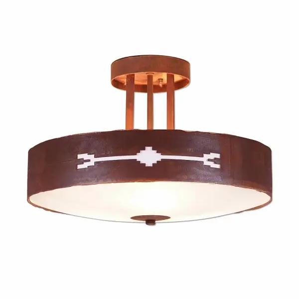 Rustic style Semi-Flush Ceiling Lights handmade in USA by Avalanche Ranch Lighting. This light features our exclusive metal wildlife art of a Del Rio Art. This Semi-Flush Light is ideal for anyone looking to add rustic character or unique log home lighting to their home. Dimensions (inches): 10h x 15w and Takes 3 - Type A19 bulbs - 60W max. each (mica) or 100W max. each (glass) Collection: Crestline-Del Rio Finish: Rust Patina Glass: Frost White Glass Width: 15.00" Height: 10.00" Number of Bulbs: 3 Maximum Wattage: 60.00 W Bulb Type: A19 Bulb Base: Medium