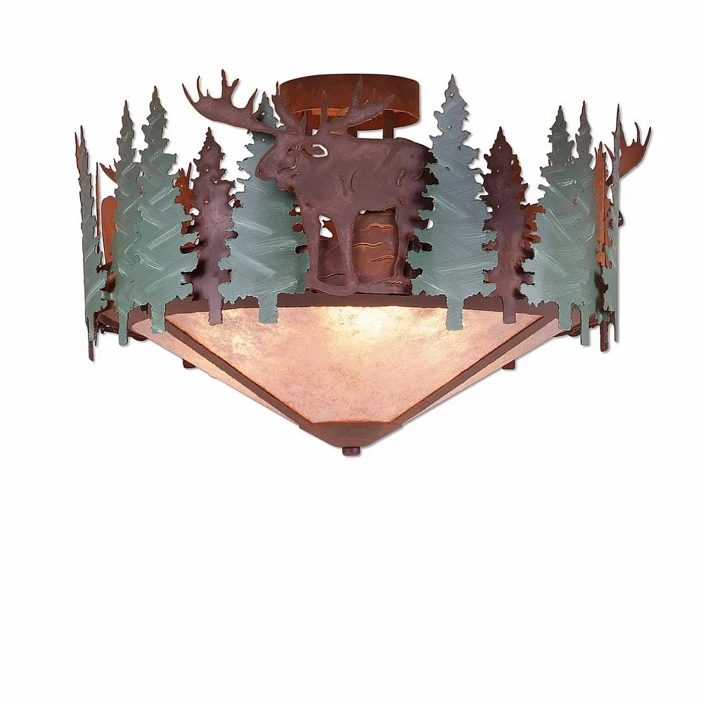 Crestline-Moose Three Light Semi-Flush Mount in Pine Green/Rust Patina