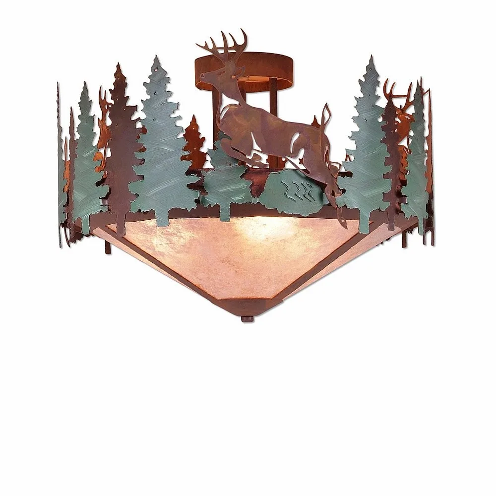 Crestline-Deer Three Light Semi-Flush Mount in Pine Green/Rust Patina