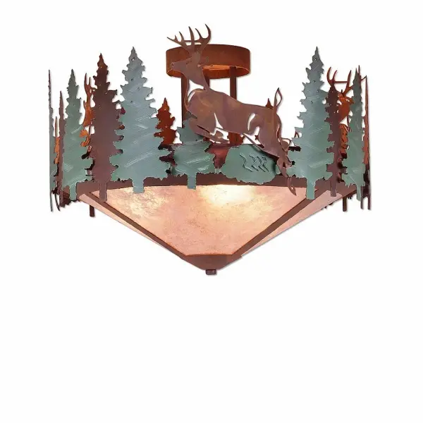 Crestline Deer Three Light Semi-Flush Mount in Pine Green with Rust Patina