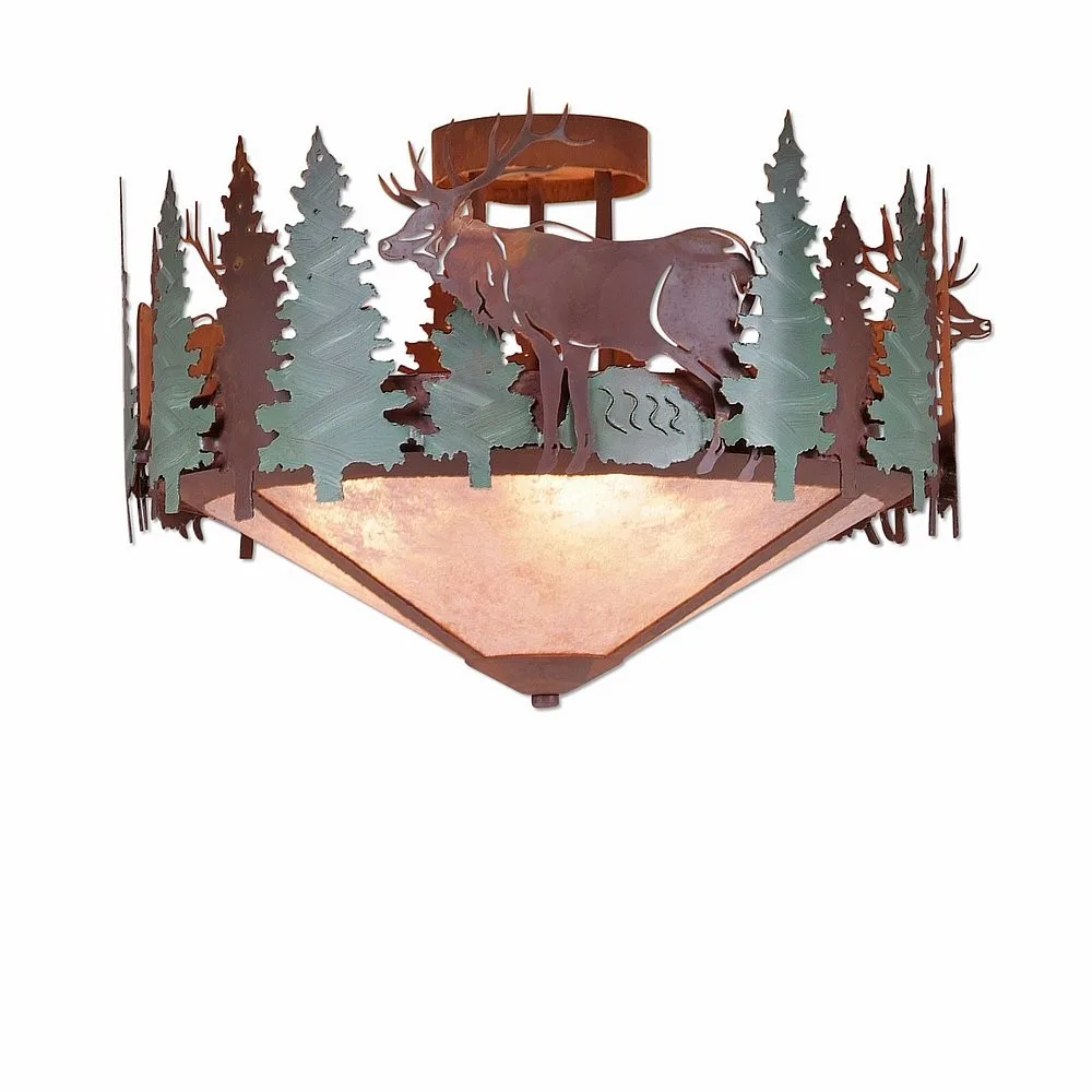 Crestline-Elk Three Light Semi-Flush Mount in Pine Green/Rust Patina