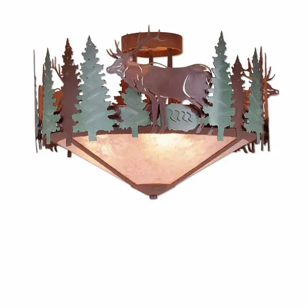 Crestline Elk Three Light Semi-Flush Mount in Pine Green with Rust Patina