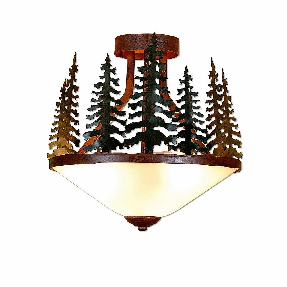 Wisley-Cedar Tree Three Light Semi-Flush Mount in Cedar Green/Rust Patina