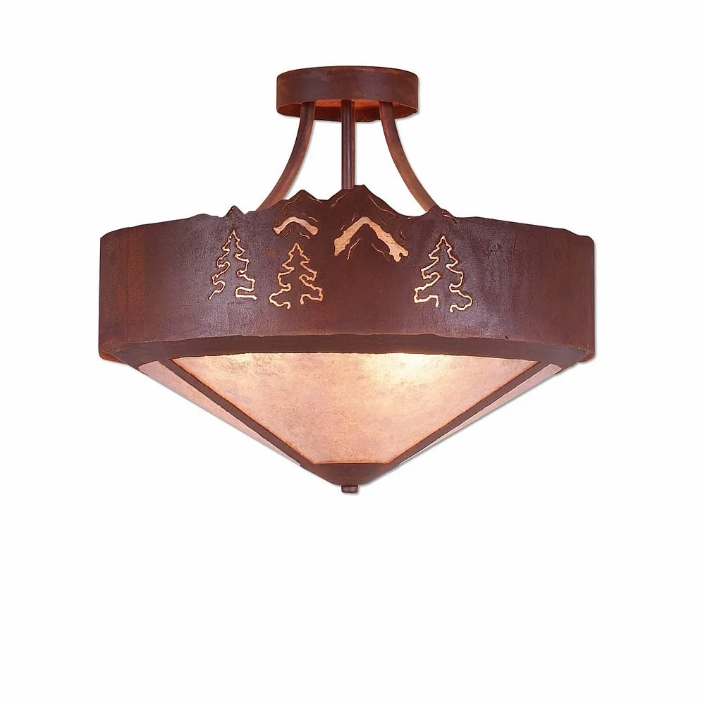 Ridgemont-Mountain-Pine Cutout Three Light Semi-Flush Mount in Rust Patina