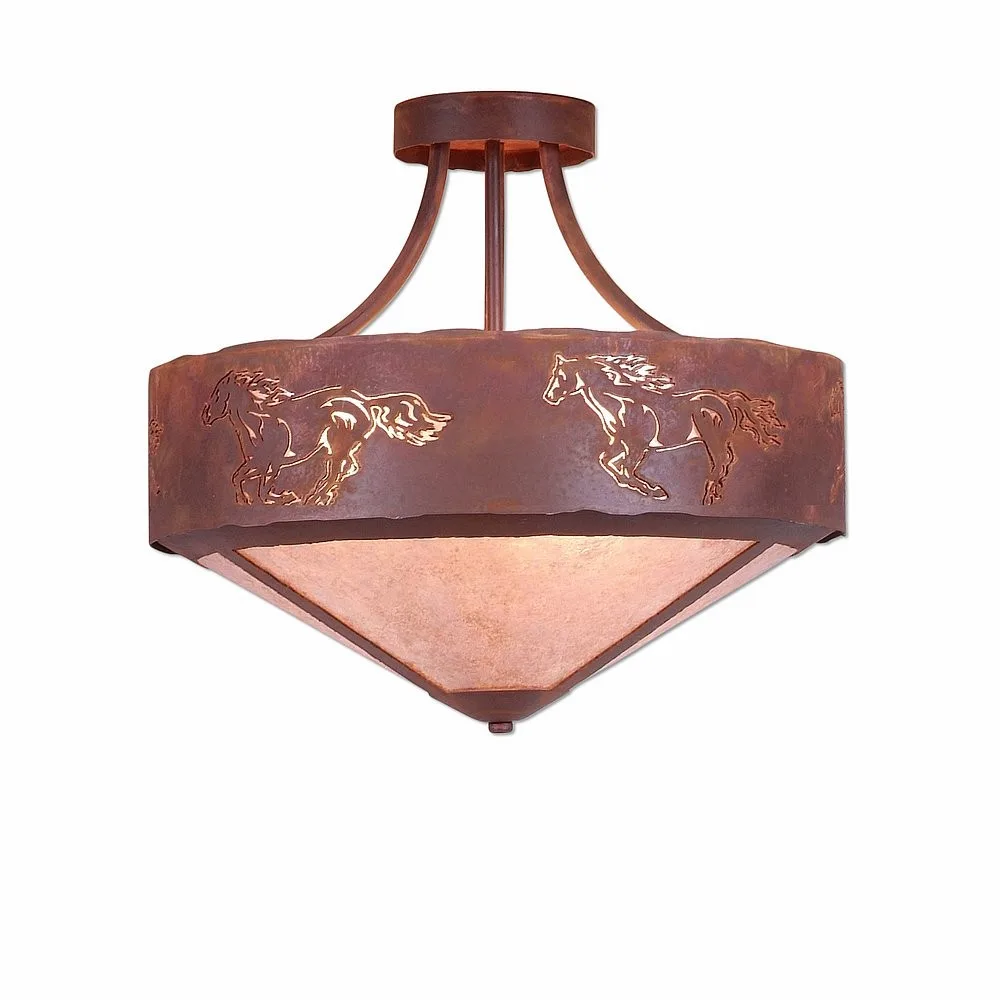 Ridgemont-Horse Cutout Three Light Semi-Flush Mount in Rust Patina