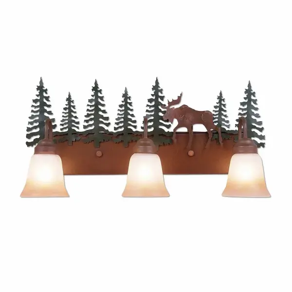 Cabin style Bath Vanity Lights handmade in USA by Avalanche Ranch Lighting. This light features our exclusive metal wildlife art of a Moose. This Bath 3 Light is ideal for anyone looking to add rustic character or unique log home lighting to their home. Dimensions (inches): 13h x 26w and Takes 3 - Type A19 bulbs - 100W max. each Collection: Denali-Mountain Moose Finish: Cedar Green/Rust Patina Glass: Two-Toned Amber Cream Glass Width: 25.00" Height: 13.00" Extension from Wall: 8.00" Number of Bulbs: 3 Maximum Wattage: 100.00 W Bulb Type: A19 Bulb Base: Medium