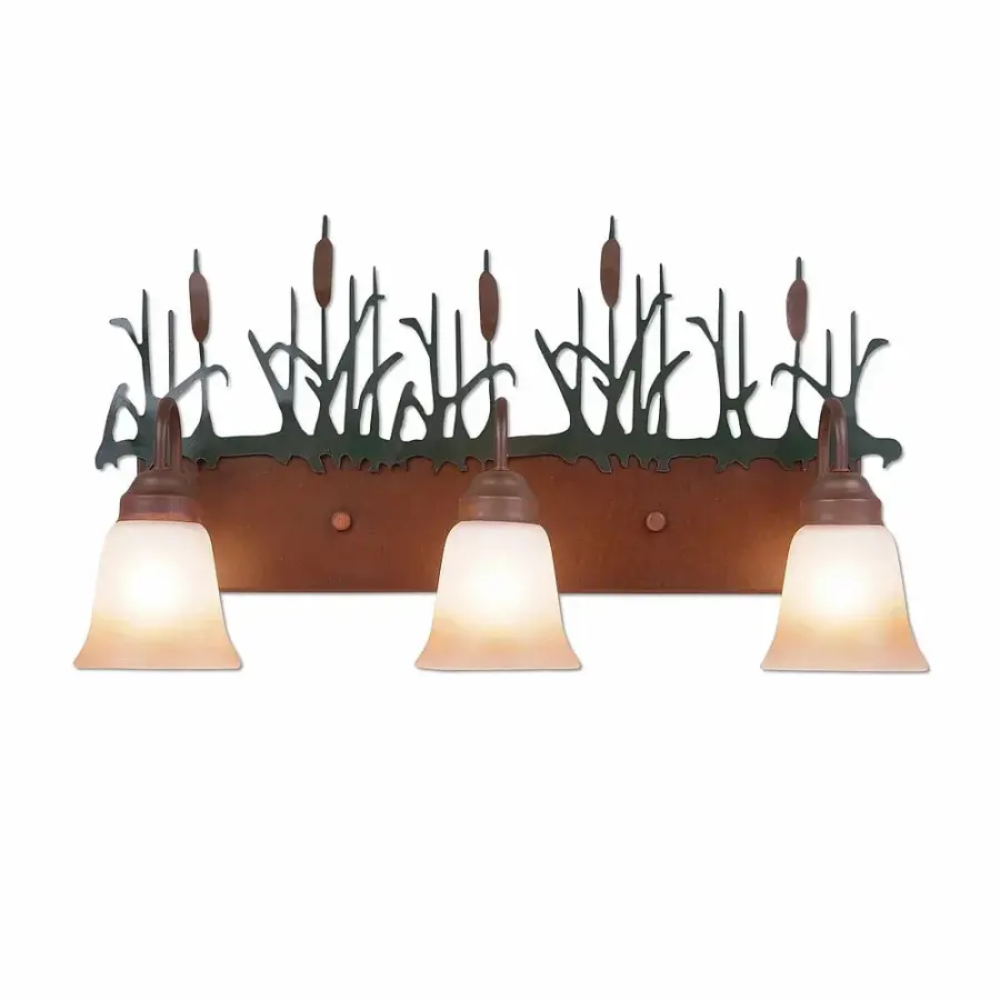 Denali Cattails Three Light Bath Vanity Light in Cedar Green with Rust Patina