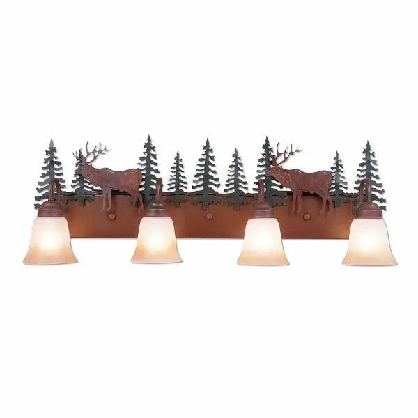 Mountain Cabin style Bath Vanity Lights handmade in USA by Avalanche Ranch Lighting. This light features our exclusive metal wildlife art of a Elk. This Bath 4 Light is ideal for anyone looking to add rustic character or unique log home lighting to their home. Dimensions (inches): 13h x 36w and Takes 4 - Type A19 bulbs - 100W max. each Collection: Denali-Valley Elk Finish: Cedar Green/Rust Patina Glass: Two-Toned Amber Cream Glass Width: 35.00" Height: 13.00" Extension from Wall: 8.00" Number of Bulbs: 4 Maximum Wattage: 100.00 W Bulb Type: A19 Bulb Base: Medium