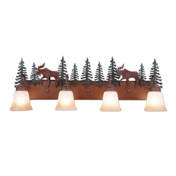 River Cabin style Bath Vanity Lights handmade in USA by Avalanche Ranch Lighting. This light features our exclusive metal wildlife art of a Moose. This Bath 4 Light is ideal for anyone looking to add rustic character or unique log home lighting to their home. Dimensions (inches): 13h x 36w and Takes 4 - Type A19 bulbs - 100W max. each Collection: Denali-Mountain Moose Finish: Cedar Green/Rust Patina Glass: Two-Toned Amber Cream Glass Width: 35.00" Height: 13.00" Extension from Wall: 8.00" Number of Bulbs: 4 Maximum Wattage: 100.00 W Bulb Type: A19 Bulb Base: Medium