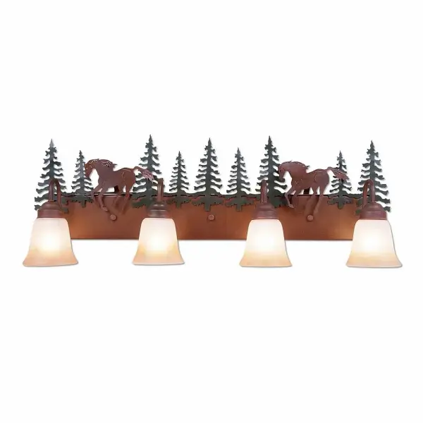 Equestrian style Bath Vanity Lights handmade in USA by Avalanche Ranch Lighting. This light features our exclusive metal wildlife art of a Horse. This Bath 4 Light is ideal for anyone looking to add rustic character or unique log home lighting to their home. Dimensions (inches): 13h x 36w and Takes 4 - Type A19 bulbs - 100W max. each Collection: Denali-Mountain Horse Finish: Cedar Green/Rust Patina Glass: Two-Toned Amber Cream Glass Width: 35.00" Height: 13.00" Extension from Wall: 8.00" Number of Bulbs: 4 Maximum Wattage: 100.00 W Bulb Type: A19 Bulb Base: Medium