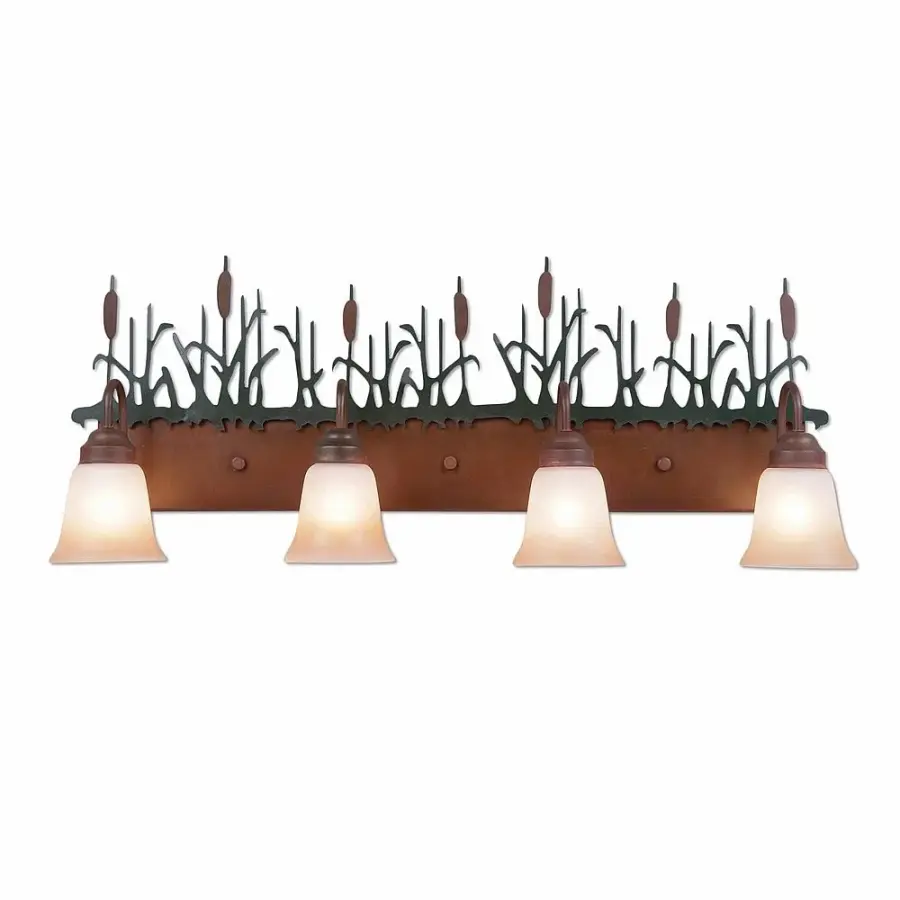 Denali Cattails Four Light Bath Vanity Light in Cedar Green with Rust Patina