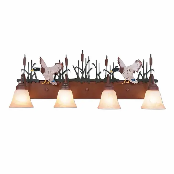 Log Cabin style Bath Vanity Lights handmade in USA by Avalanche Ranch Lighting. This light features our exclusive metal wildlife art of a Mallard. This Bath 4 Light is ideal for anyone looking to add rustic character or unique log home lighting to their home. Dimensions (inches): 13h x 35w and Takes 4 - Type A19 bulbs - 100W max. each Collection: Denali-Mallard Duck Finish: Cedar Green/Rust Patina Glass: Amber Swirl Glass Width: 35.00" Height: 13.00" Extension from Wall: 8.00" Number of Bulbs: 4 Maximum Wattage: 100.00 W Bulb Type: A19 Bulb Base: Medium