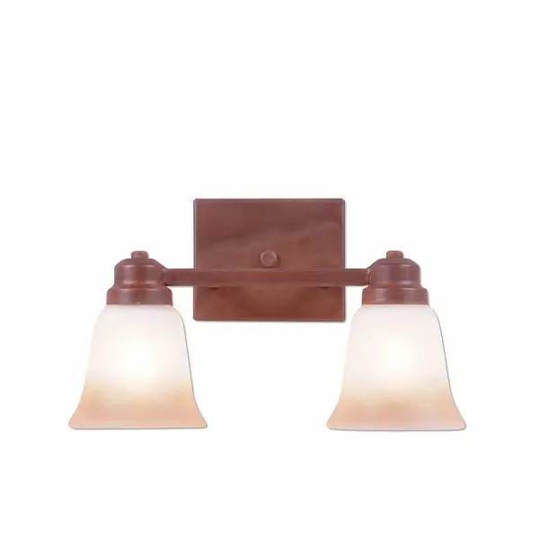Rustic style Bath Vanity Lights handmade in USA by Avalanche Ranch Lighting. This light features our exclusive metal wildlife art of a Rustic Plain. This Bath 2 Light is ideal for anyone looking to add rustic character or unique log home lighting to their home. Dimensions (inches): 8h x 13w and Takes 2 - Type A19 bulbs - 100W max. each Collection: Parkshire-Rustic Plain Finish: Rust Patina Glass: Two-Toned Amber Cream Glass Width: 13.00" Height: 8.00" Extension from Wall: 5.00" Number of Bulbs: 2 Maximum Wattage: 60.00 W Bulb Type: A19 Bulb Base: Medium