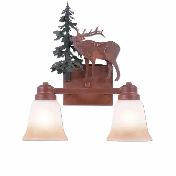 Log Cabin style Bath Vanity Lights handmade in USA by Avalanche Ranch Lighting. This light features our exclusive metal wildlife art of a Elk. This Bath 2 Light is ideal for anyone looking to add rustic character or unique log home lighting to their home. Dimensions (inches): 16h x 13w and Takes 2 - Type A19 bulbs - 100W max. each Collection: Parkshire-Valley Elk Finish: Cedar Green/Rust Patina Glass: Two-Toned Amber Cream Glass Width: 13.00" Height: 16.00" Extension from Wall: 5.00" Number of Bulbs: 2 Maximum Wattage: 60.00 W Bulb Type: A19 Bulb Base: Medium