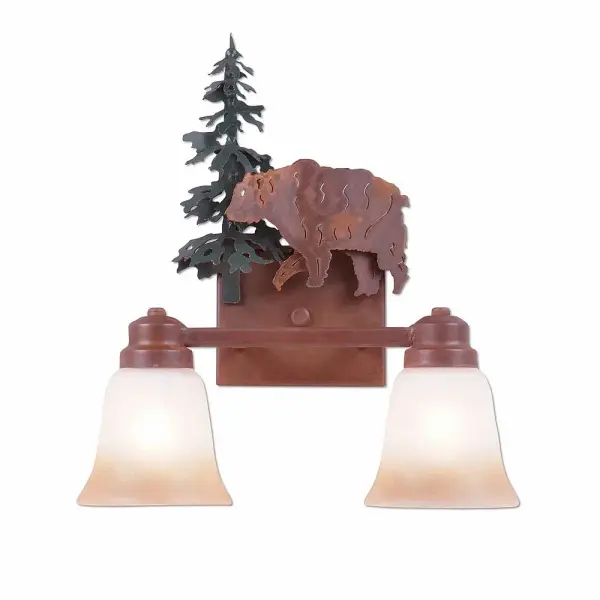 Mountain Cabin style Bath Vanity Lights handmade in USA by Avalanche Ranch Lighting. This light features our exclusive metal wildlife art of a Bear. This Bath 2 Light is ideal for anyone looking to add rustic character or unique log home lighting to their home. Dimensions (inches): 16h x 13w and Takes 2 - Type A19 bulbs - 100W max. each Collection: Parkshire-Bear Finish: Cedar Green/Rust Patina Glass: Two-Toned Amber Cream Glass Width: 13.00" Height: 16.00" Extension from Wall: 5.00" Number of Bulbs: 2 Maximum Wattage: 60.00 W Bulb Type: A19 Bulb Base: Medium